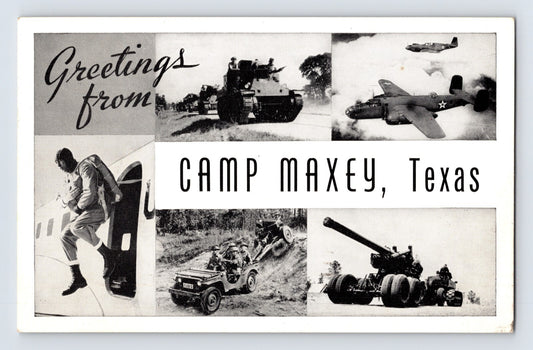 Camp Maxey Texas WWII military training tanks aircraft artillery postcard