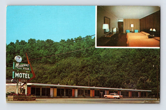 Pikeville Kentucky Moderne Villa Motel room interior 1960s postcard mid century furnishings
