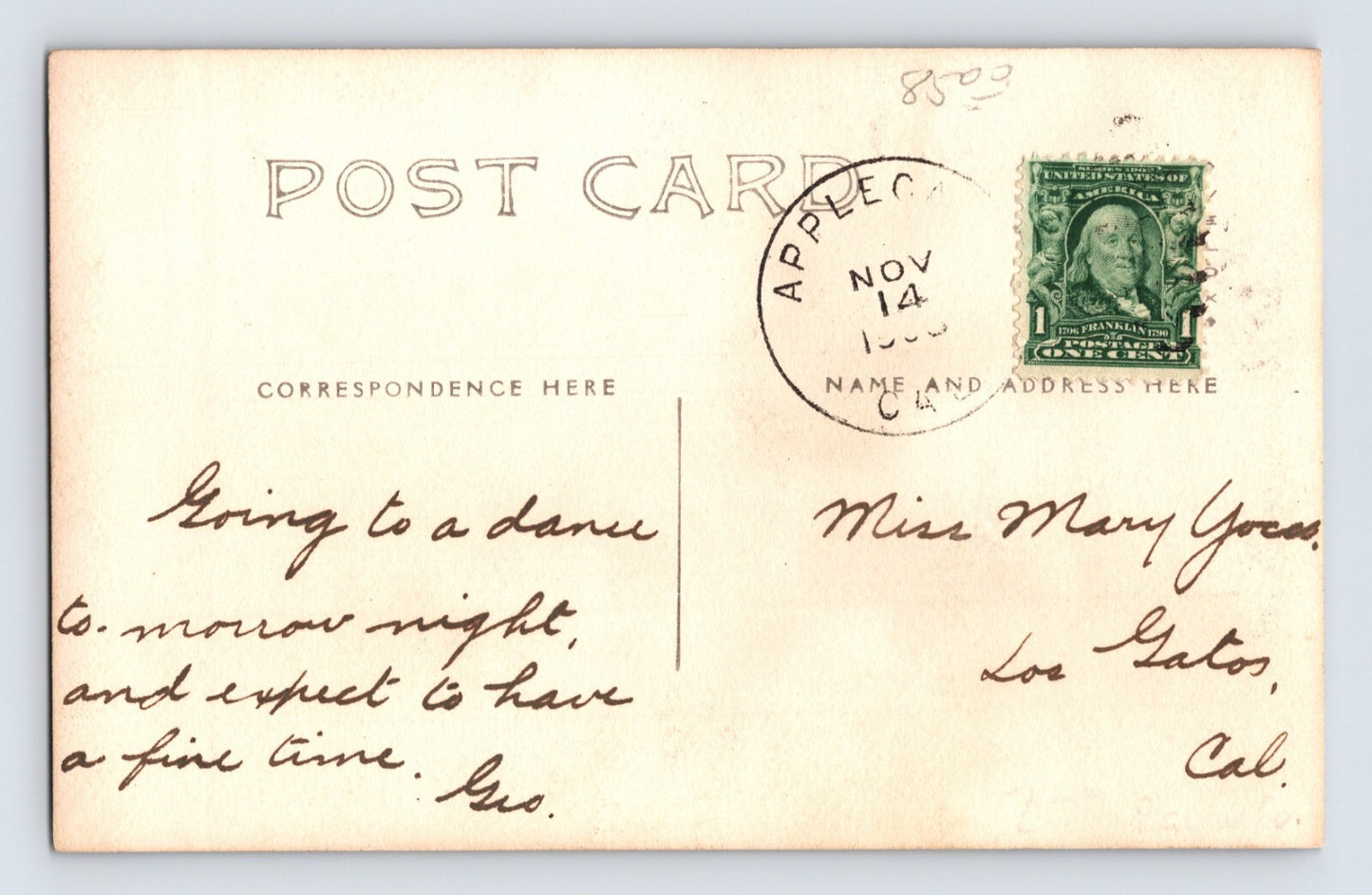 Applegate California Cabin Resort Camp 1908 RPPC Postcard Posted Dance Note