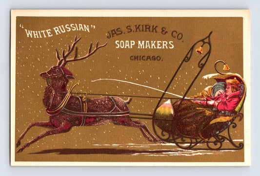 Kirk Soap Chicago Illinois White Russian sleigh ride reindeer 1890s trade card 3 x 5