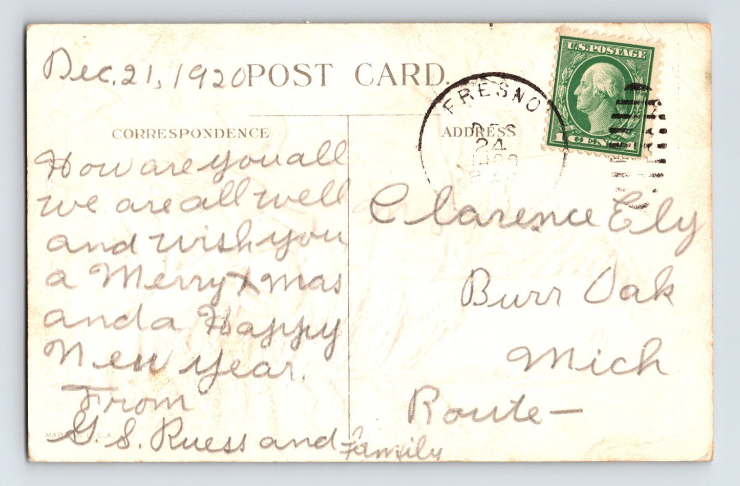 Santa Claus Axe Evergreen Tree Ax Chop 1920 Christmas Postcard Posted