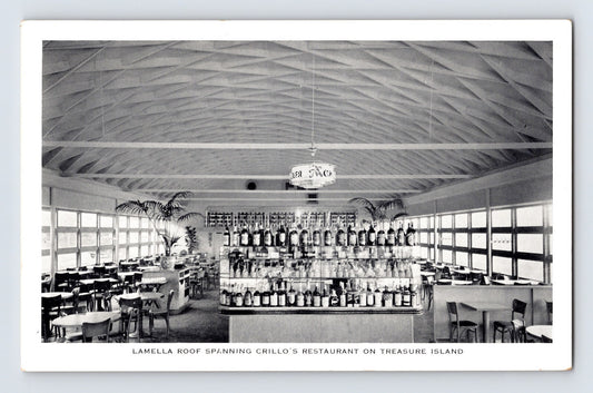 Black and white postcard interior view of Crillo's Restaurant lamella roof Treasure Island San Francisco 1940s