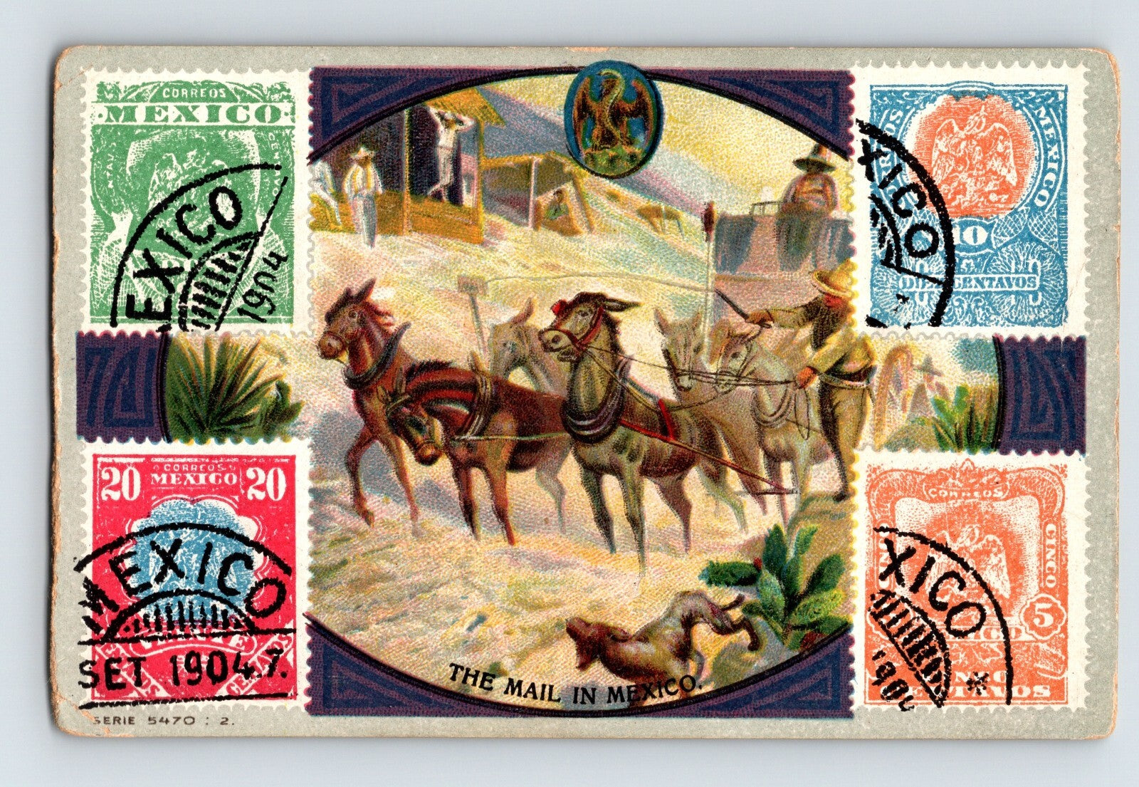 Mexico Mail postage stamps trade card stagecoach desert scene 1910s 4 x 2.75