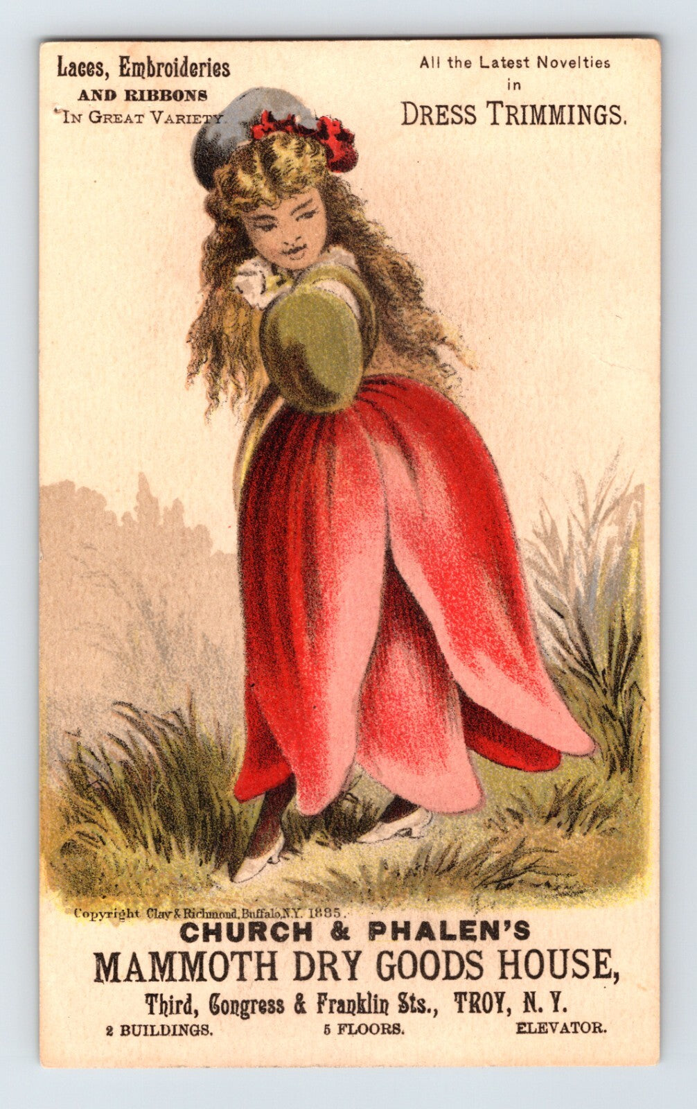 Victorian trade card for Church and Phalen Mammoth Dry Goods House Troy New York with girl in red tulip costume 3 x 6