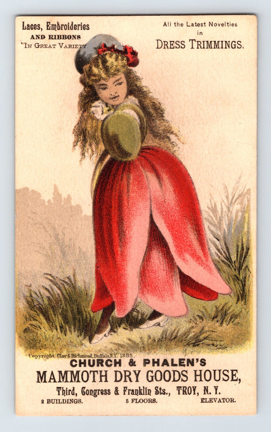 Victorian trade card for Church and Phalen Mammoth Dry Goods House Troy New York with girl in red tulip costume 3 x 6
