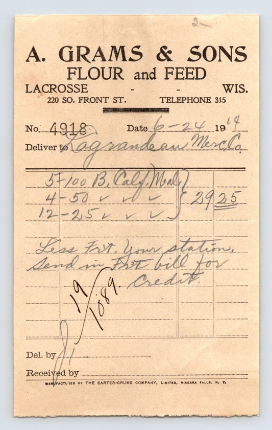 La Crosse Wisconsin A Grams Sons Flour and Feed 1914 billhead invoice handwritten entries