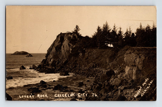Crescent City California Lovers Rock coastal cliff ocean waves rocky shoreline early RPPC postcard