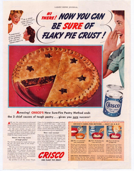 Crisco 1941 print ad featuring flaky pie crust recipe with sliced pie image and instructional baking method illustration