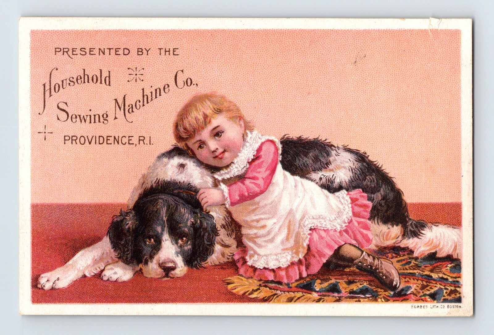 Household Sewing Machine trade card girl resting on Newfoundland dog Victorian advertising Providence Rhode Island
