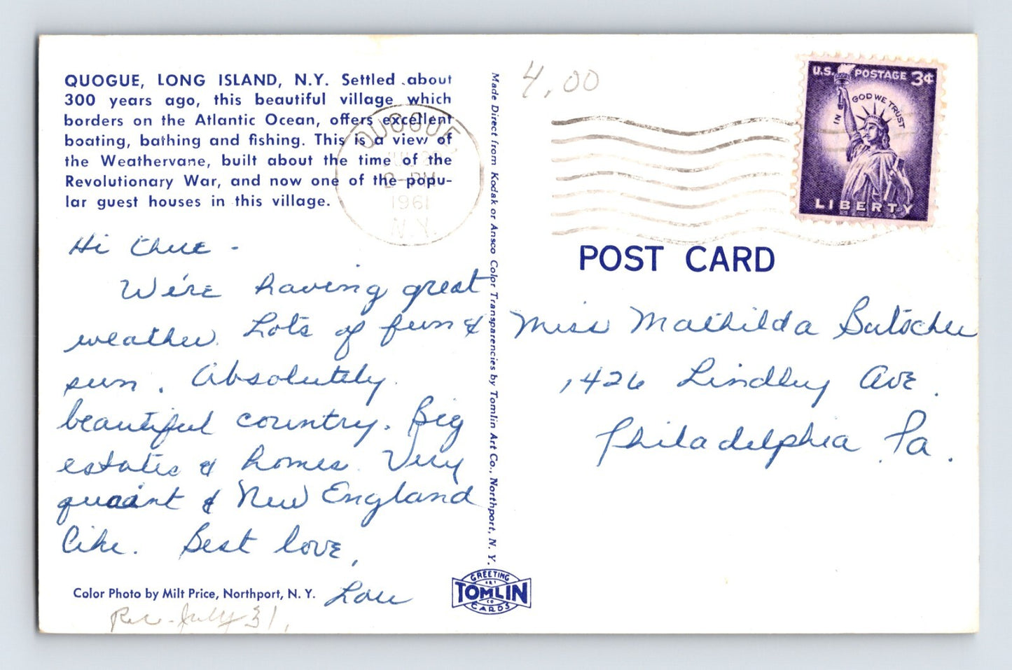 Quogue New York Long Island Weathervane Hotel 1960s Postcard Posted Chrome