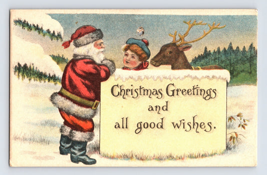 Christmas postcard Santa Claus reindeer girl holiday greeting 1910s vintage card