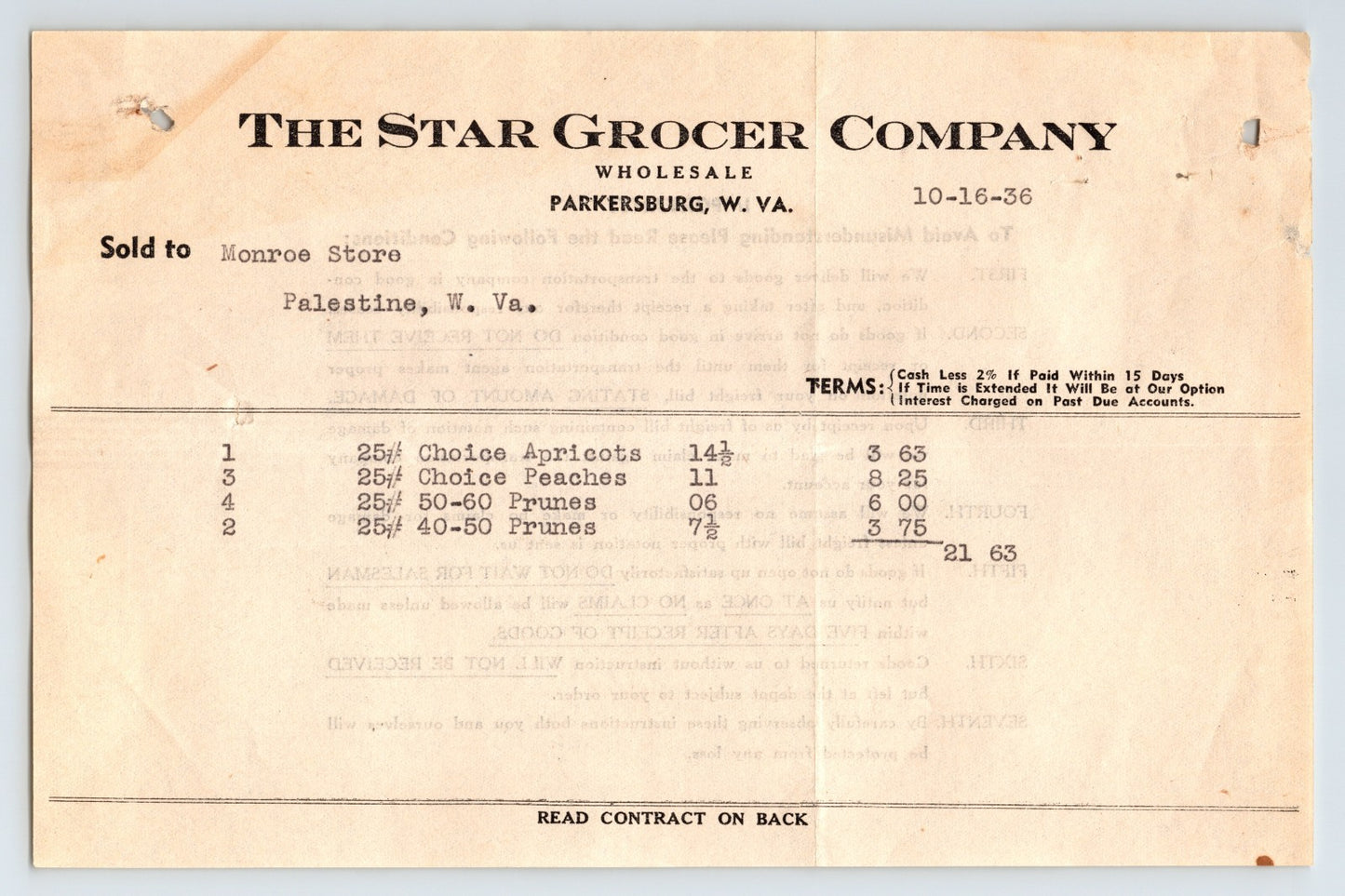 Parkersburg West Virginia 1936 Star Grocer Company wholesale billhead invoice