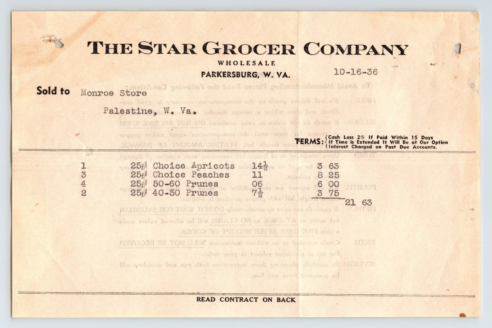 Parkersburg West Virginia 1936 Star Grocer Company wholesale billhead invoice