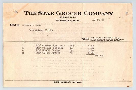 Parkersburg West Virginia 1936 Star Grocer Company wholesale billhead invoice