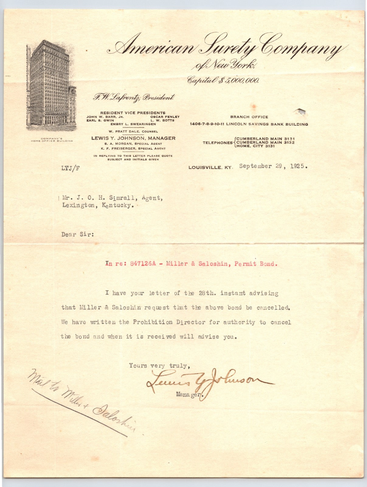 Louisville Kentucky American Surety Company letterhead 1925 business correspondence document