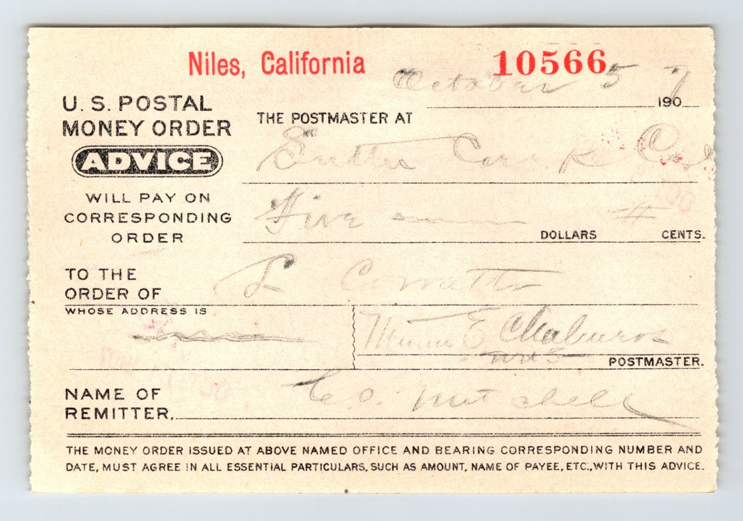 1907 Niles California U.S. postal money order advice form issued to Sutter Creek with handwritten entries and official printed layout
