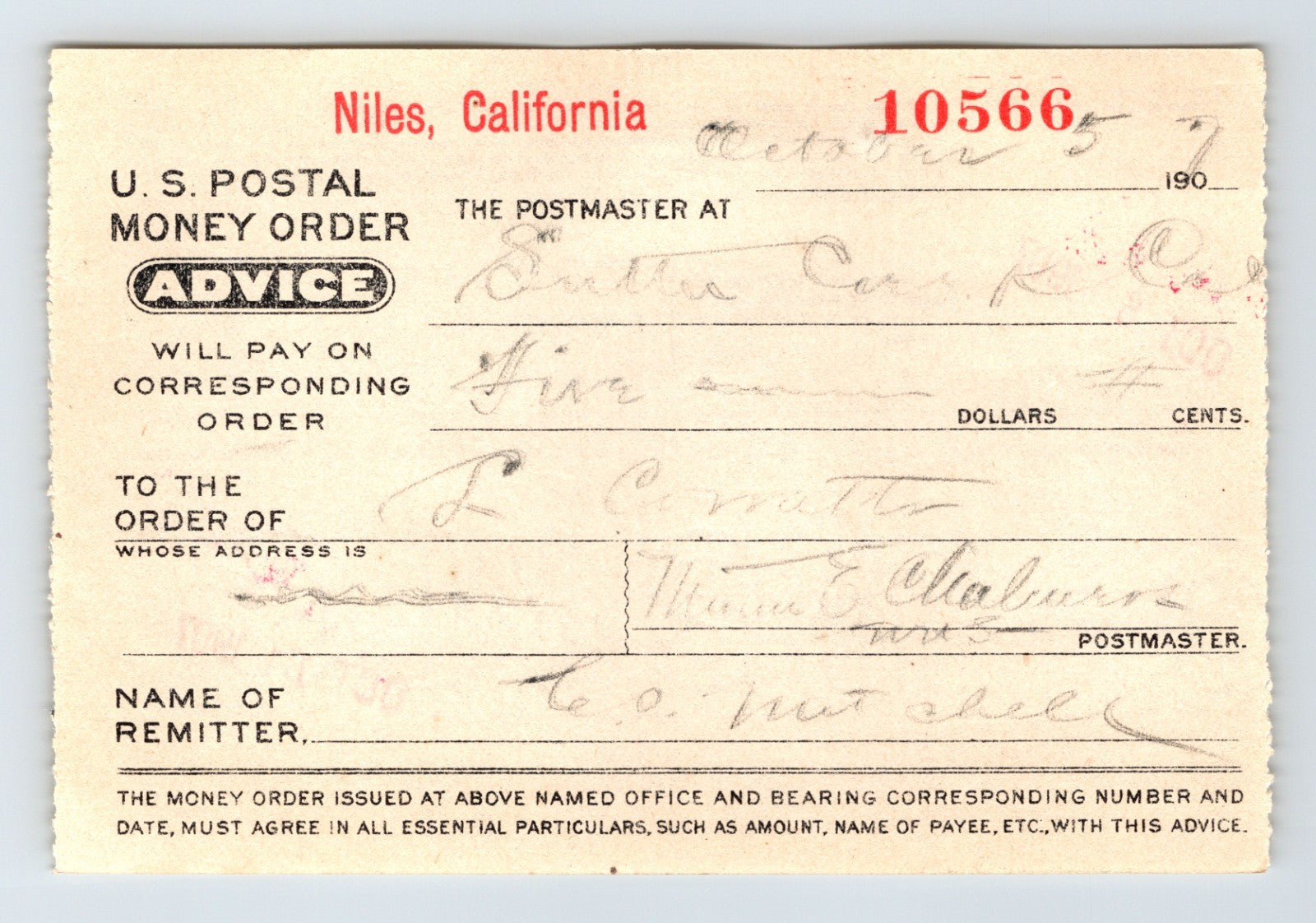 1907 Niles California U.S. postal money order advice form issued to Sutter Creek with handwritten entries and official printed layout