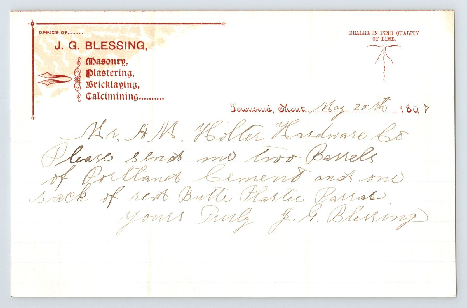Townsend Montana May 20 1897 J G Blessing Masonry Plastering Bricklaying Letterhead