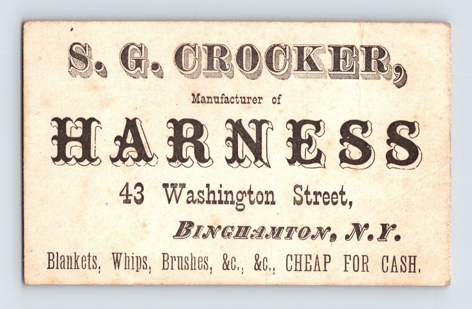 Binghamton New York S G Crocker Harness Maker Trade Card 2.5 x 4