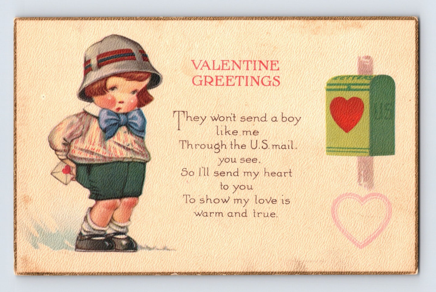 Valentines Day Bashful Little Boy Mailbox Letter 1910s Postcard Unposted
