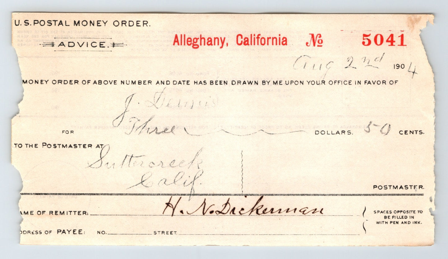 Alleghany California postal money order advice 1904 Sutter Creek handwritten document US postal form early financial ephemera 3.5 x 5.5