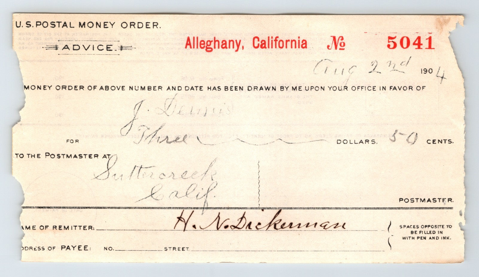 Alleghany California postal money order advice 1904 Sutter Creek handwritten document US postal form early financial ephemera 3.5 x 5.5