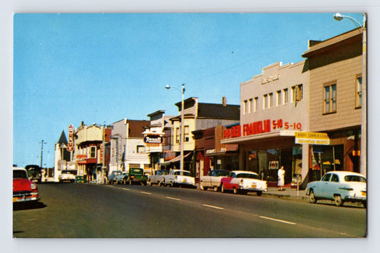 Fort Bragg California downtown street Rexall Franklin storefront cars 1960s postcard