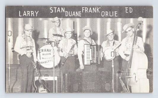 Frank Buhr Midwest Ramblers band 1956 Cedar Rapids Iowa KCRG tour promotional postcard with labeled members and instruments