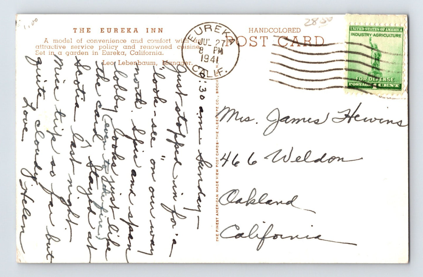 Eureka California Inn Hotel Lounge 1941 Postcard Posted Hand Colored