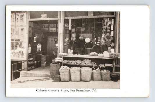 Vintage black and white image of a Chinese grocery store in San Francisco