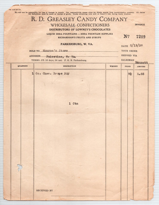 Parkersburg West Virginia 1937 R D Greasley Candy Billhead Invoice 8.5 x 11