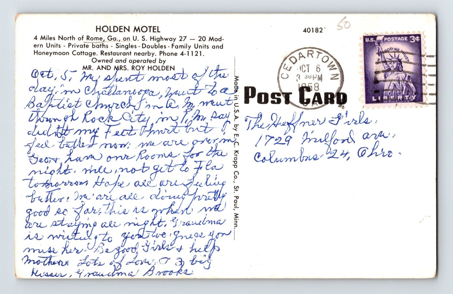 Rome Georgia Holden Motel 1950s Postcard Posted Chrome