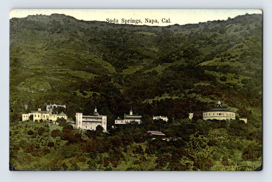 Napa California Soda Springs aerial view 1910 postcard showing hillside resort buildings