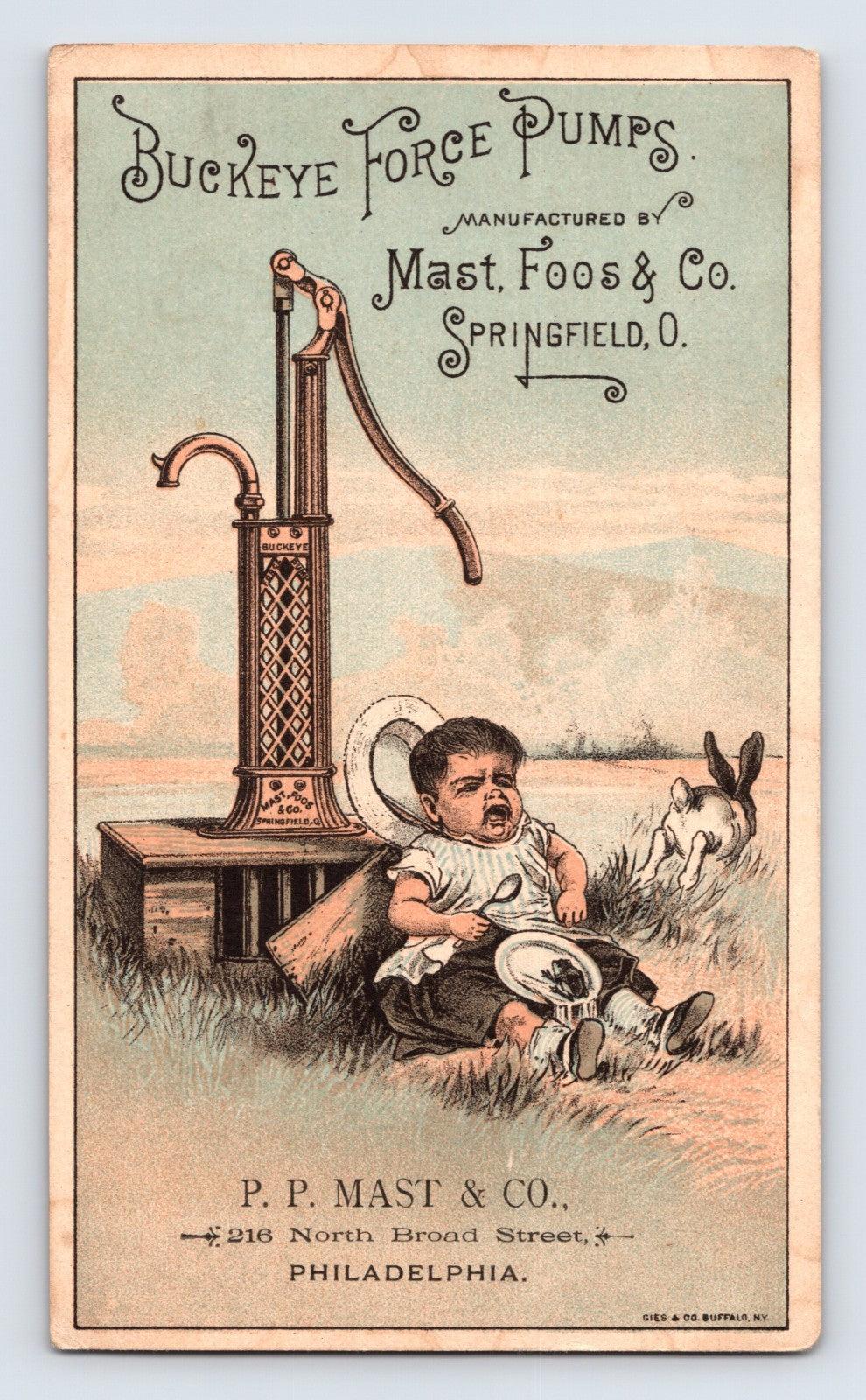 Philadelphia Buckeye Force Pumps trade card showing crying child beside hand water pump with rabbit in grassy yard.