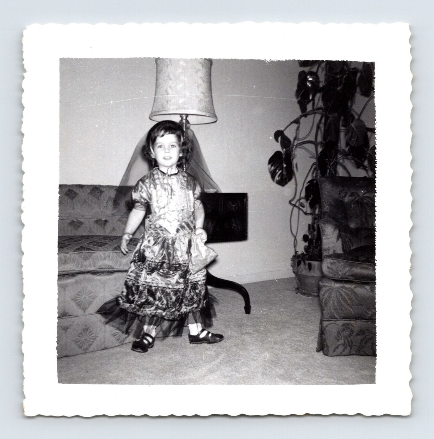 Halloween child dress costume indoor living room 1960 snapshot vintage photo 3.5 x 3.5