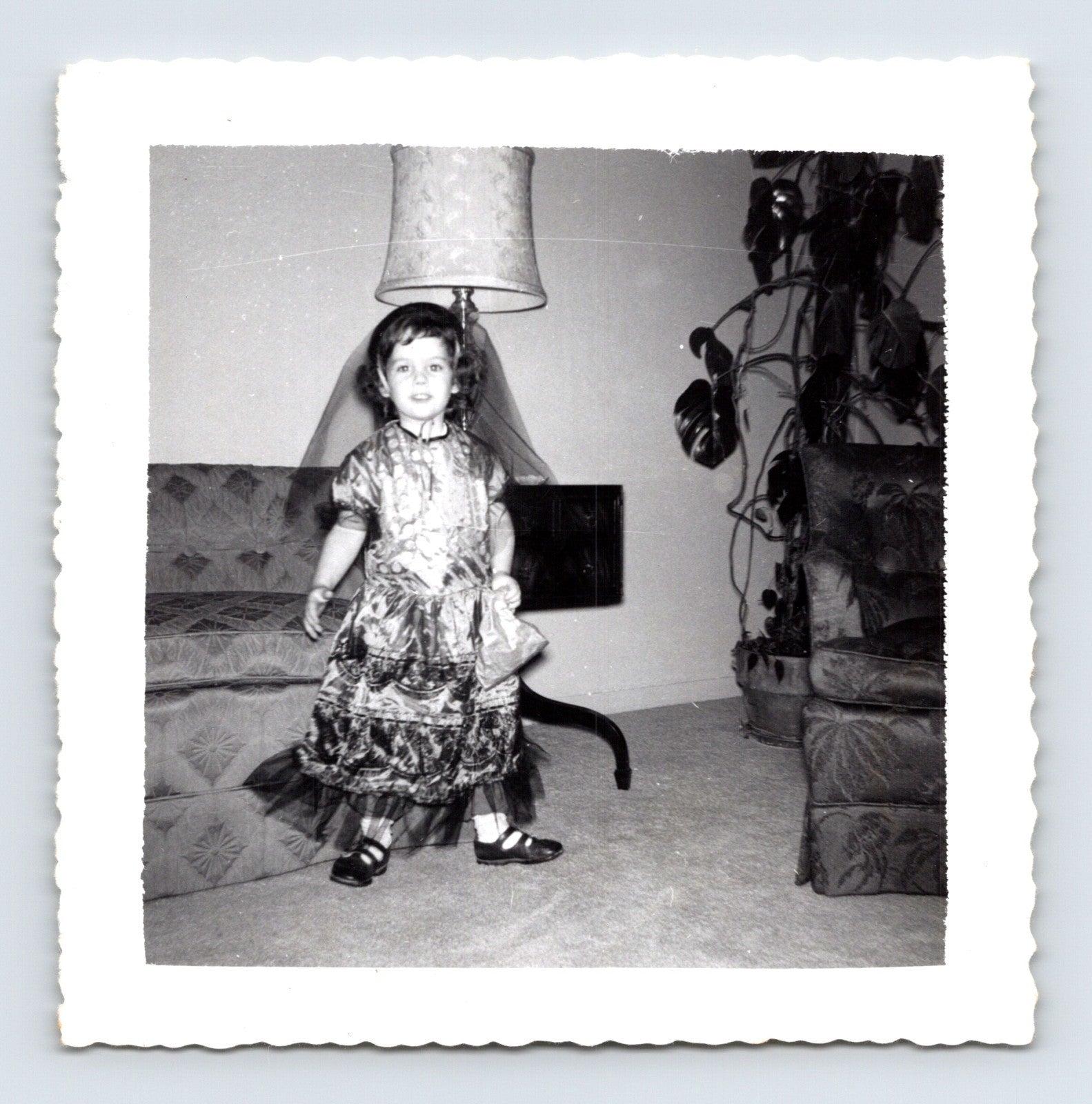 Halloween child dress costume indoor living room 1960 snapshot vintage photo 3.5 x 3.5
