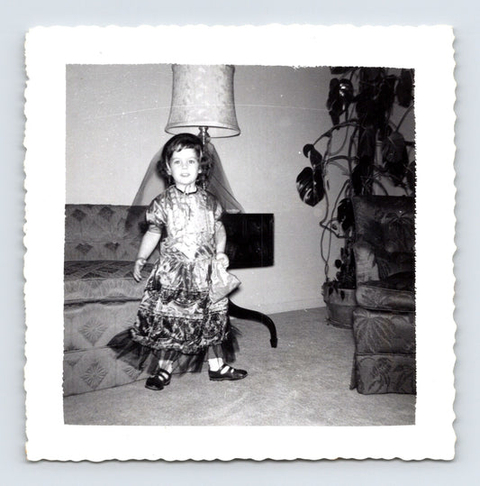 Halloween child dress costume indoor living room 1960 snapshot vintage photo 3.5 x 3.5