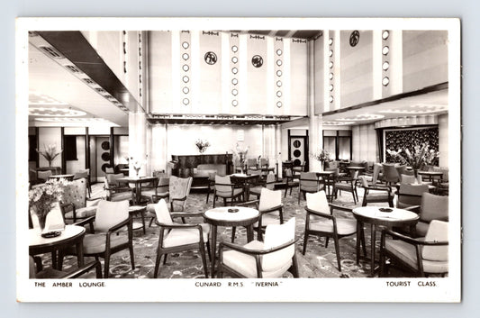 1930s Cunard RMS Ivernia Amber Lounge tourist class interior real photo postcard showing tables chairs and decorative shipboard design
