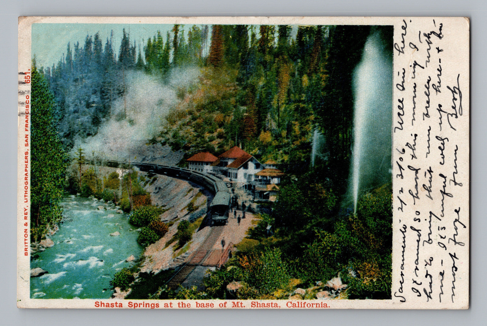 Mount Shasta California Shasta Springs railroad train river waterfall 1906 postcard