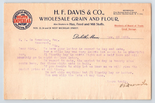 Duluth Minnesota H F Davis Grain Flour billhead invoice letterhead 1905