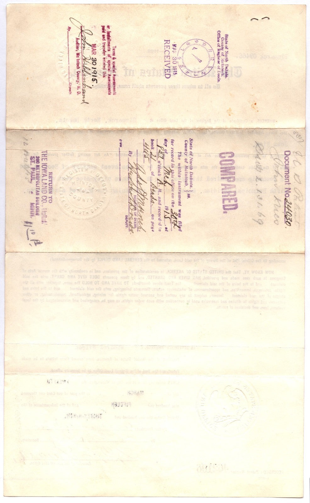 Bismarck South Dakota Woodrow Wilson General Land Office Grant 1915 Embossed
