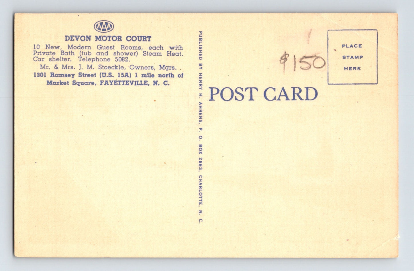 Fayetteville North Carolina Devon Motor Court 1940s Postcard Unposted Linen