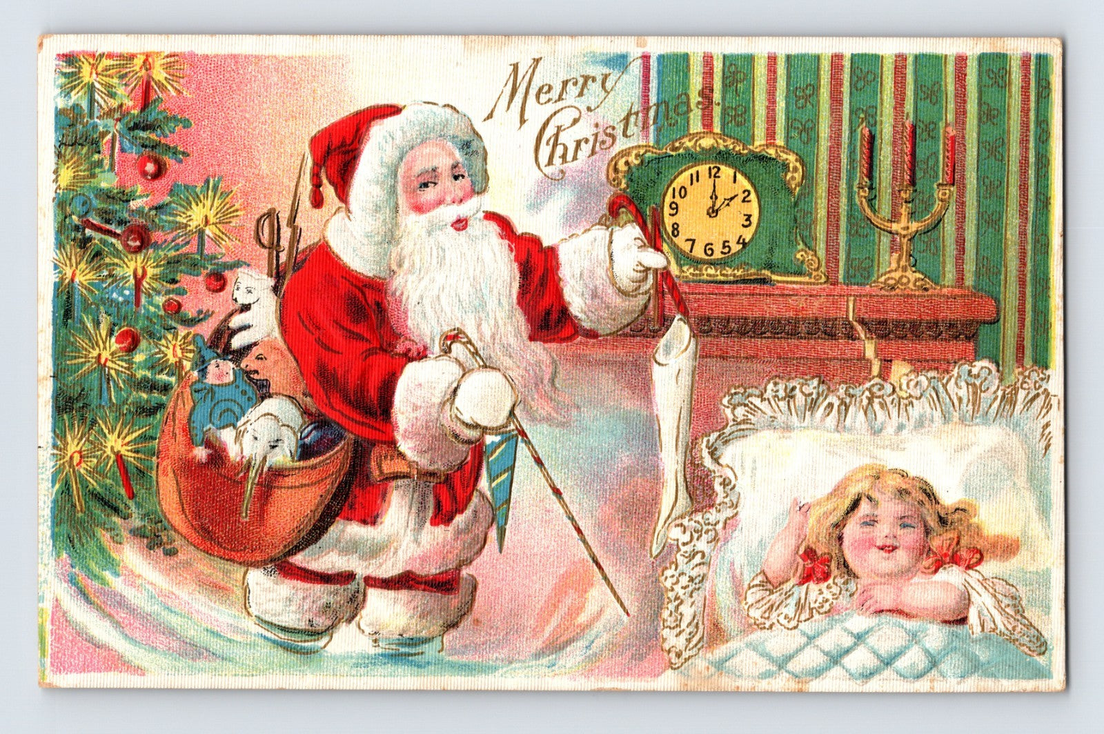 Santa Claus bedside Christmas stocking clock child sleeping undivided back postcard