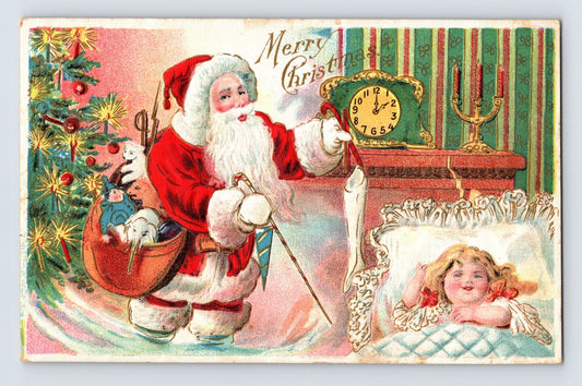 Santa Claus bedside Christmas stocking clock child sleeping undivided back postcard
