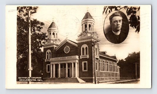 Healdsburg California Catholic Church Priest Portrait 1910 Postcard RPPC Posted Divided