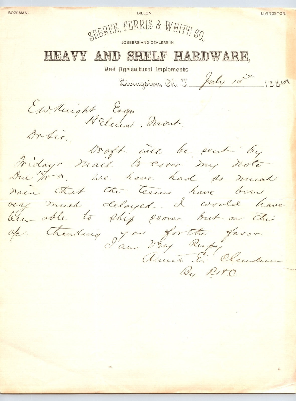 Livingston, Montana Territory July 15, 1889 business letter on Sebree, Ferris & White Co heavy and shelf hardware letterhead discussing payment delays due to weather.