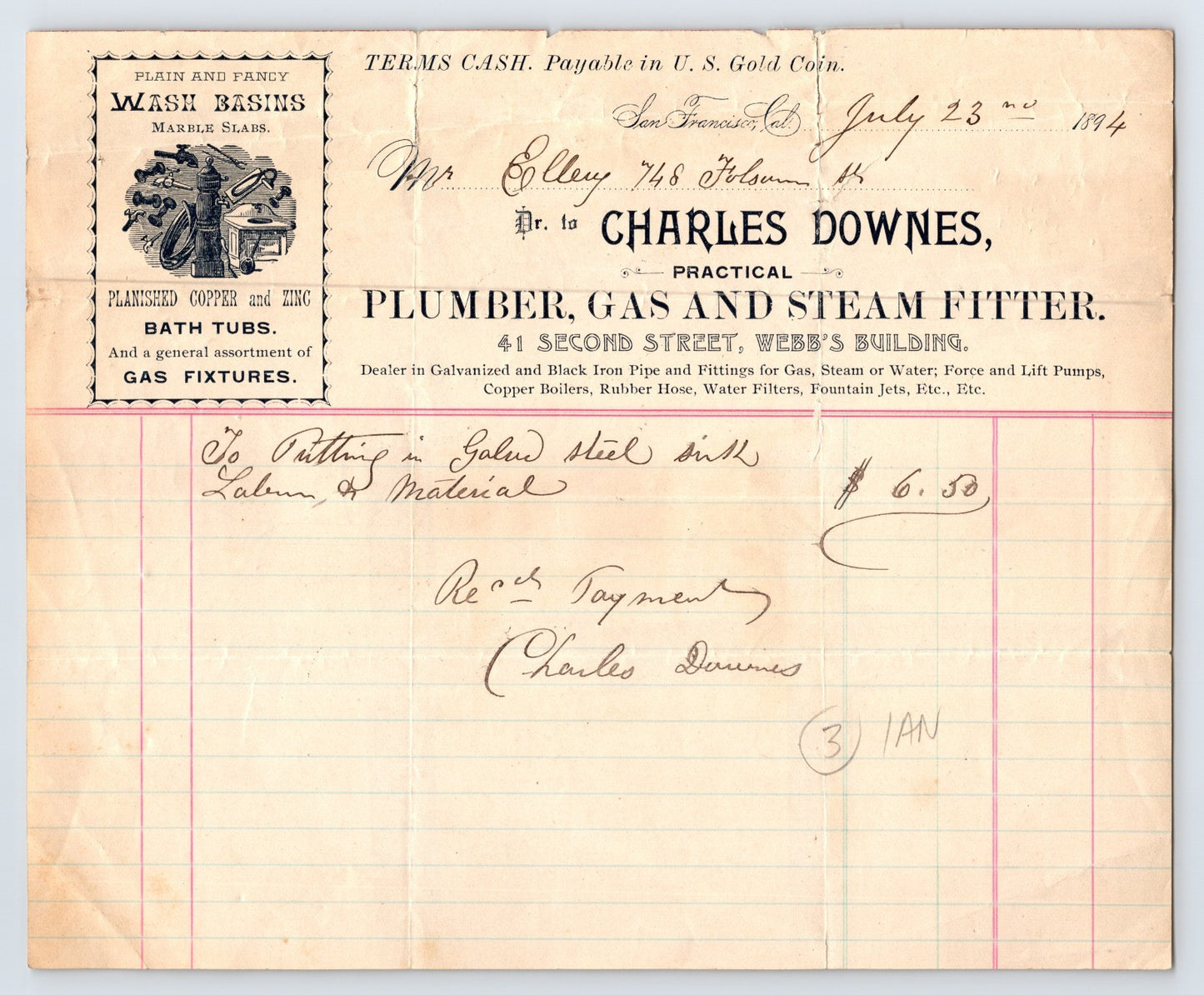 San Francisco CA Charles Downes Plumber Gas Steam Fitter 1894 Billhead - 8.5 x 7