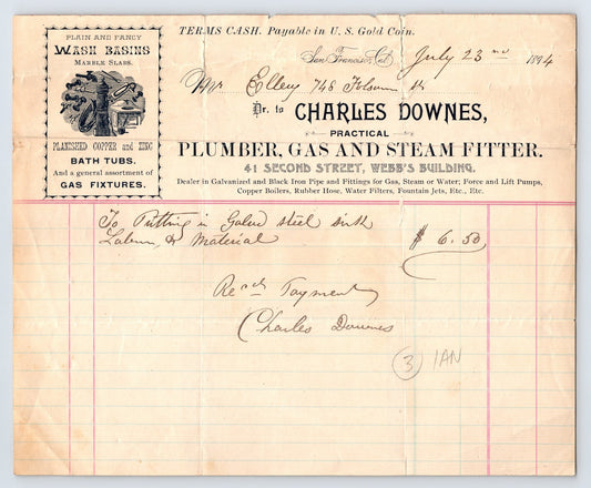 San Francisco CA Charles Downes Plumber Gas Steam Fitter 1894 Billhead - 8.5 x 7