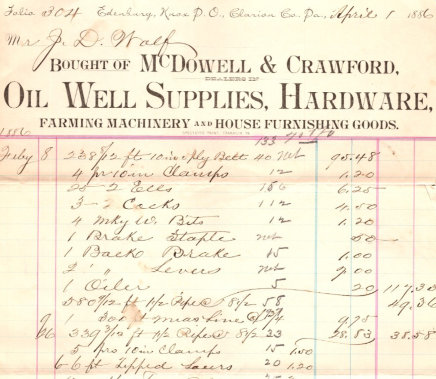 Titusville Pennsylvania 1886 McDowell Crawford Oil Well Supply Billhead 8.5 x 14