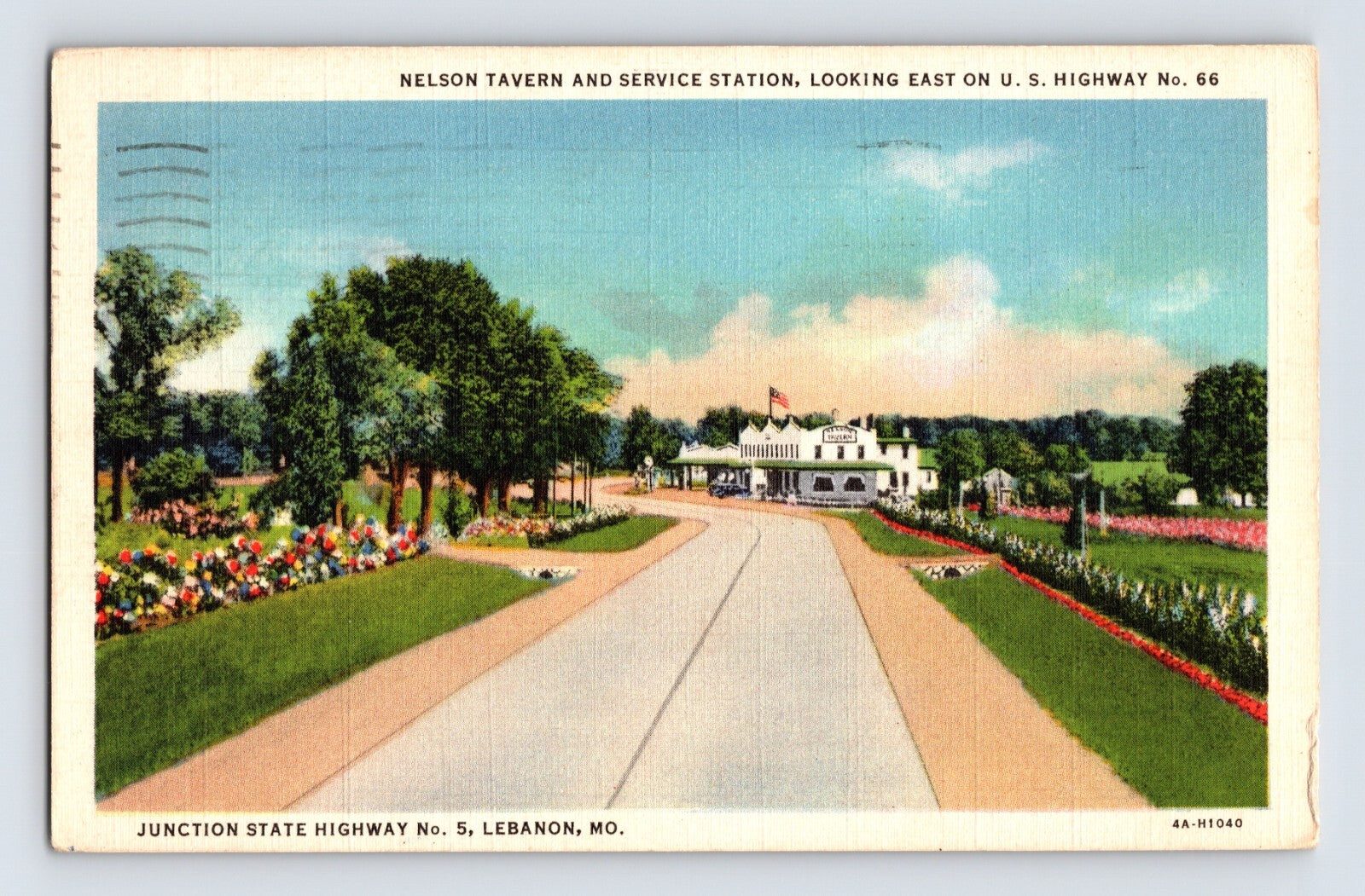 Lebanon Missouri Route 66 Nelson Tavern Service Station highway view 1945 linen postcard